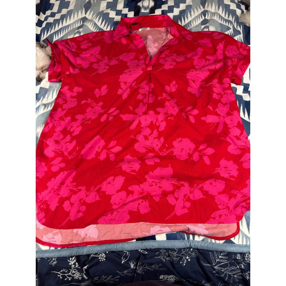 AIMAGE Womens 2XL Red Pink Floral V-Neck Tunic Blouse Short Sleeve Top NEW